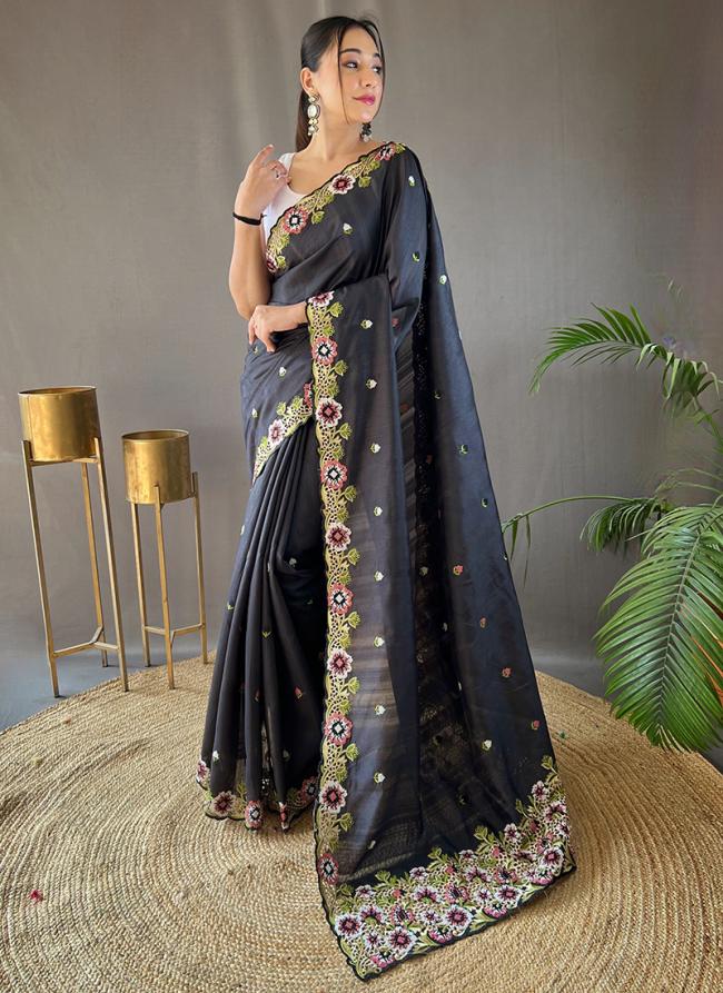 Matka Silk Black Festival Wear Embroidery Work Saree